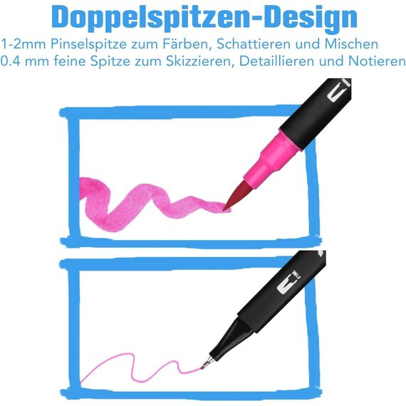 Dual Brush Pen Set, 24 Farben Doppelfasermaler Filzstifte, Wasserbasis Aquarellstifte für Aquarell Watercolo Bullet Journal Handlettering Kalligraphie Manga Malbücher, mit Fasermaler und Fineliner