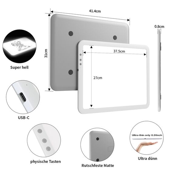 elice Wiederaufladbarer A3 Leuchttisch,8120Lux Super hell LED-Lichtpad mit 3500mAH Batterie,6 Dimmstufen und 3 Farbtemperaturen light pad für Diamond Painting,Zeichenbrett für Zeichnen,Skizzieren
