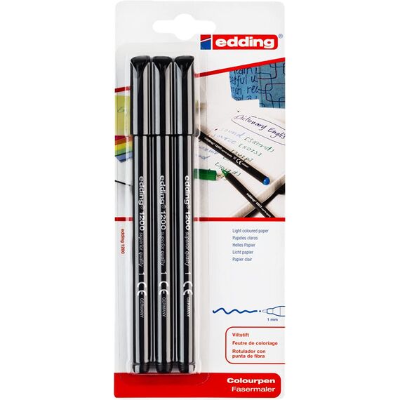 edding 1200 Fasermaler fein - schwarz - Packung mit 3 Stiften - Rundspitze 1 mm - Filzstift zum Zeichnen und Schreiben - für Schule, Mandala