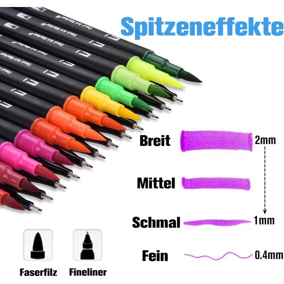 Dual Brush Pen Set, 24 Farben Doppelfasermaler Filzstifte, Wasserbasis Aquarellstifte für Aquarell Watercolo Bullet Journal Handlettering Kalligraphie Manga Malbücher, mit Fasermaler und Fineliner