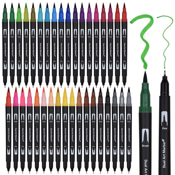 Dual Brush Pen Set, 36 Farben Doppelfasermaler, Tinte auf Wasserbasis Doppelfilzstifte Für Aquarell Watercolo Bullet Journal Handlettering Kalligraphie Manga, Fasermaler[1-2 mm] und Fineliner[0,4 mm]