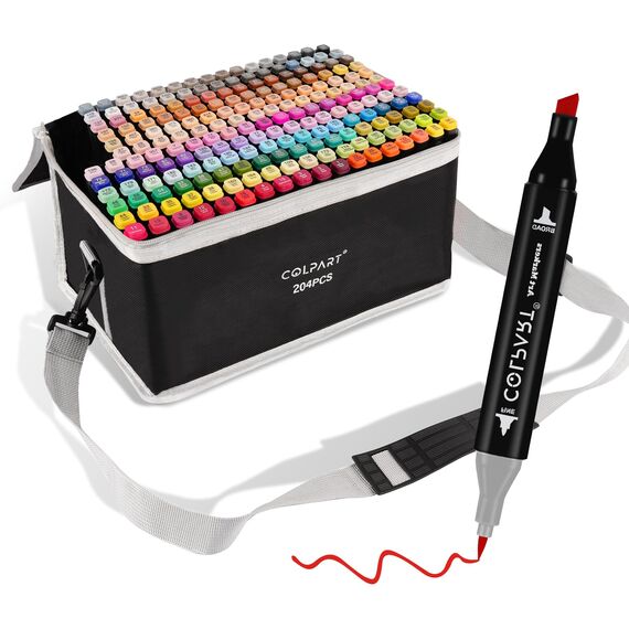 colpart 204 Farben Alkohol Marker Set – Doppelseitige Marker Stifte für Erwachsene, ideal zum Zeichnen, Skizzieren, Ausmalen, inklusive Tragetasche