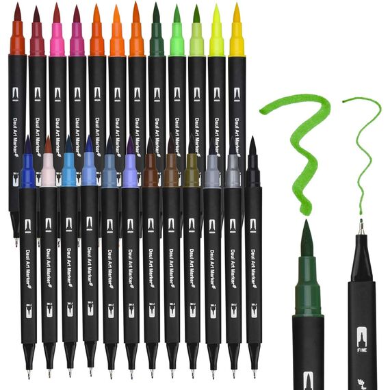Dual Brush Pen Set, 24 Farben Doppelfasermaler Filzstifte, Wasserbasis Aquarellstifte für Aquarell Watercolo Bullet Journal Handlettering Kalligraphie Manga Malbücher, mit Fasermaler und Fineliner