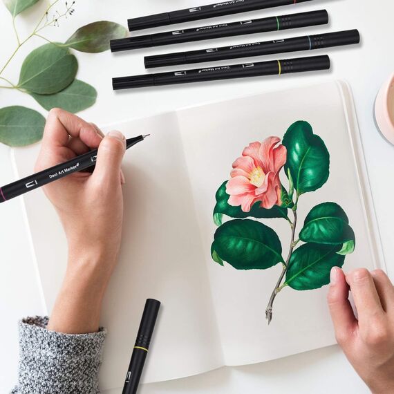 Dual Brush Pen Set, 24 Farben Doppelfasermaler Filzstifte, Wasserbasis Aquarellstifte für Aquarell Watercolo Bullet Journal Handlettering Kalligraphie Manga Malbücher, mit Fasermaler und Fineliner