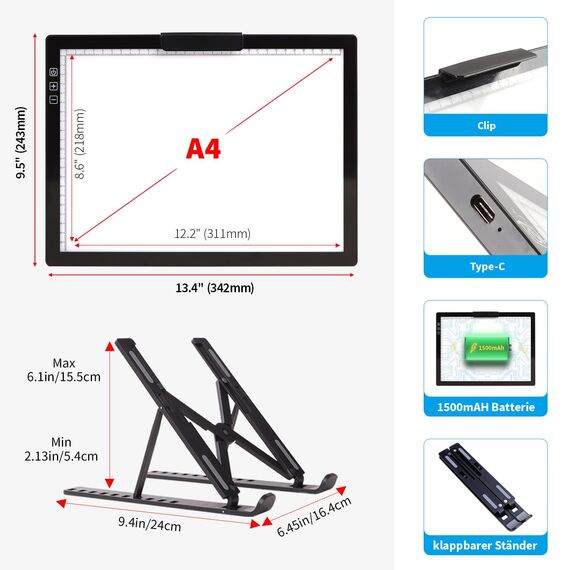 elice leuchtplatte din a4 mit Ständer/Clip,Wiederaufladbares leuchttisch A4,Tragbares 6 Helligkeitsstufen & Stufenloses Dimmen zeichenplatte,light pad für Diamond Painting,Zeichnen,Skizzieren,Tattoo