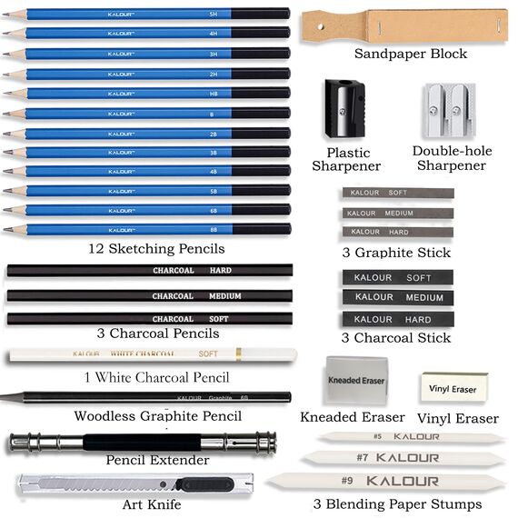 KALOUR 33-teiliges Profi-Zeichen-Set mit Skizzierstiften, tragbarer Reißverschluss-Reisetasche - Kohlestifte, Zeichenstifte, Radiergummi. Kunstbedarf für Künstler, Anfänger und Erwachsene