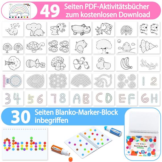 Ohuhu Bingo Dabbers, 8 Farben Auswaschbar Dot Marker für Kinder (40 ml) mit einem leeren 30 Seiten Kinder Activity Book für Vorschule ungiftig Wasser-basierte Punkt-Kunstmarker