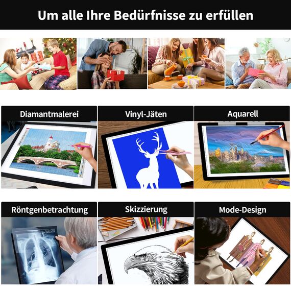 Wiederaufladbarer A3-Lichtkasten mit Ständer/Clips, LED-Lichtpad mit 3000-mAh-Akku, 3 Farben dimmbar und 6-stufiger Dimm-Leuchttisch für Diamantmalerei, Zeichnen, Skizzieren, Tätowieren, Vinyl-Jäten