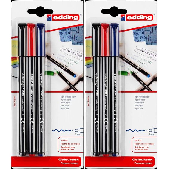 edding 1200 Fasermaler fein - schwarz, rot, blau - Packung mit 3 bunten Stiften - Rundspitze 1 mm - Filzstift zum Zeichnen und Schreiben - für Schule, Mandala (Packung mit 2)