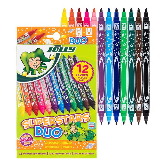 Jolly Superstar DUO Fasermaler | Eine dicke und eine dünne Spitze | Hochwertiger Filzstift | Auswaschbar | 12 Stück im Kartonetui