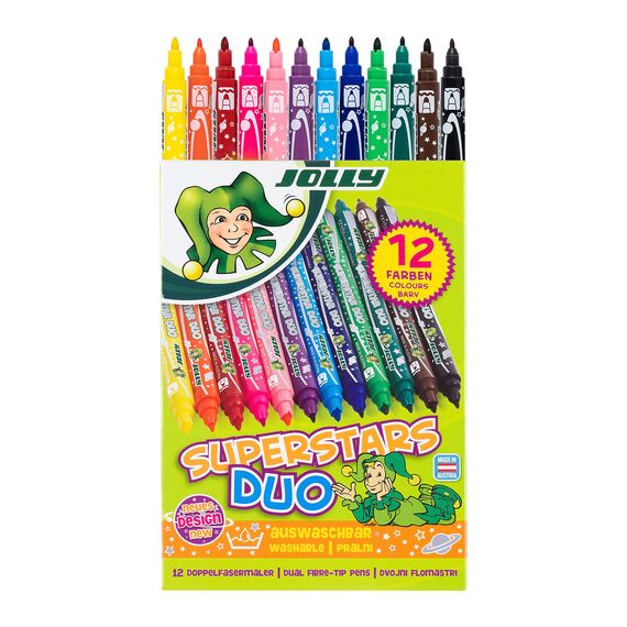 Jolly Superstar DUO Fasermaler | Eine dicke und eine dünne Spitze | Hochwertiger Filzstift | Auswaschbar | 12 Stück im Kartonetui