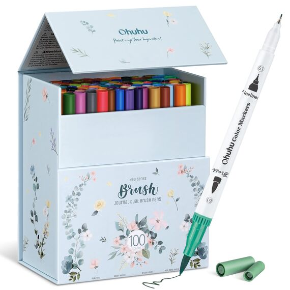 Ohuhu 100 Farben Filzstifte – Dual Brush Pen Set mit Doppelspitze (Pinsel & Fineliner), wasserbasierte Stifte für Erwachsene – Ideal für Bullet Journal, Kalligraphie Mandala, Maui Serie