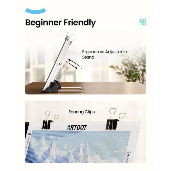 ARTDOT Leuchttisch A4 für 5D Diamond Painting Zubehör, Einstellbare Helligkeit Diamant Painting Lichtplatten mit Ständer