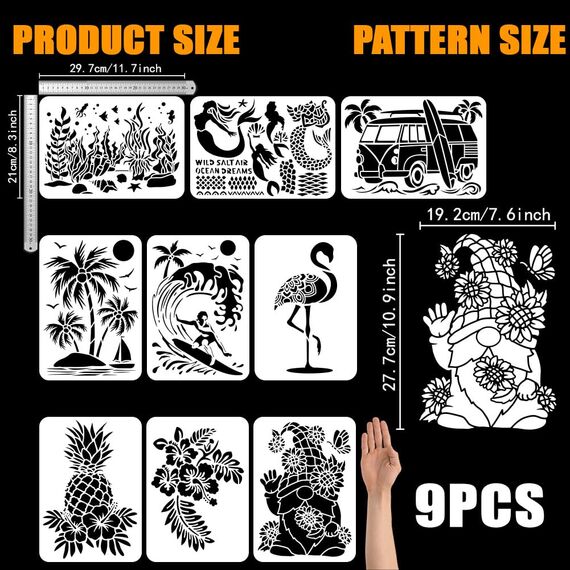 FINGERINSPIRE 9 Stück Sommer Tier Pflanzen Malschablone 21x29.7 cm Flamingo Palme Brandung Zwerg Hibiskus Ananas Meerjungfrau Zeichenvorlage Zum Malen Auf Holz Wand Stoff Möbeln
