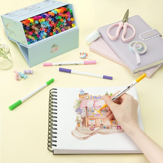Ohuhu 120 Farben Filzstifte, Dual Brush Pen Set mit Doppelspitze (Pinsel & Fineliner), wasserbasierte Stifte für Erwachsene – Ideal für Bullet Journal, Kalligraphie Mandala, Maui Serie