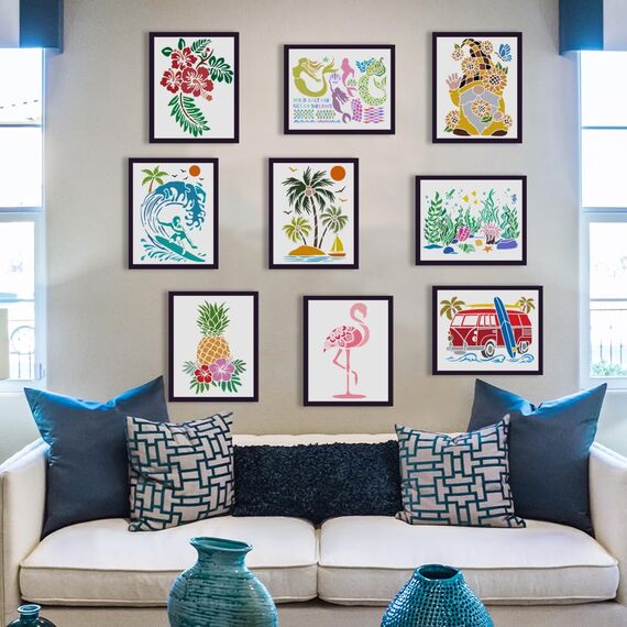 FINGERINSPIRE 9 Stück Sommer Tier Pflanzen Malschablone 21x29.7 cm Flamingo Palme Brandung Zwerg Hibiskus Ananas Meerjungfrau Zeichenvorlage Zum Malen Auf Holz Wand Stoff Möbeln