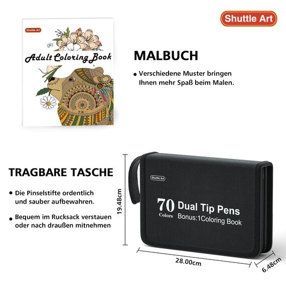 Shuttle Art Dual Brush Pens, 70 bunte doppelköpfige Pinselstifte mit weicher Spitze, zwei Schreibfedern: Fasermaler (1mm) und Fineliner(1-4mm), für Kinder und Erwachsene mit 1 Malbuch zum Schreiben