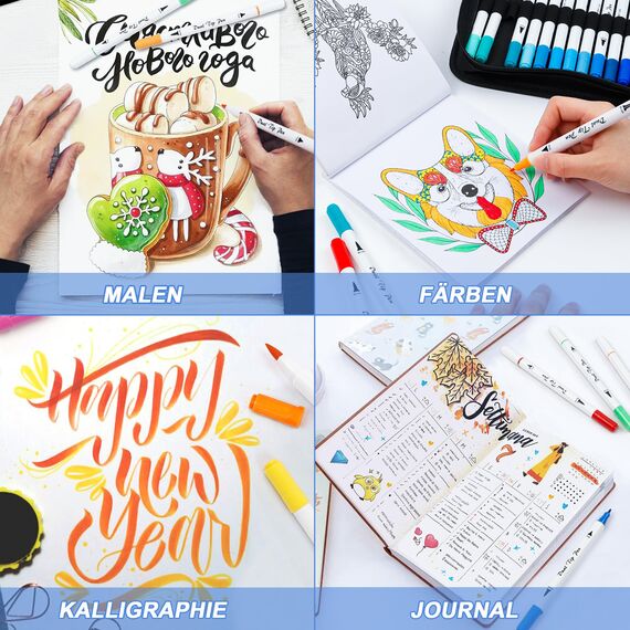 Shuttle Art Dual Brush Pens, 70 bunte doppelköpfige Pinselstifte mit weicher Spitze, zwei Schreibfedern: Fasermaler (1mm) und Fineliner(1-4mm), für Kinder und Erwachsene mit 1 Malbuch zum Schreiben