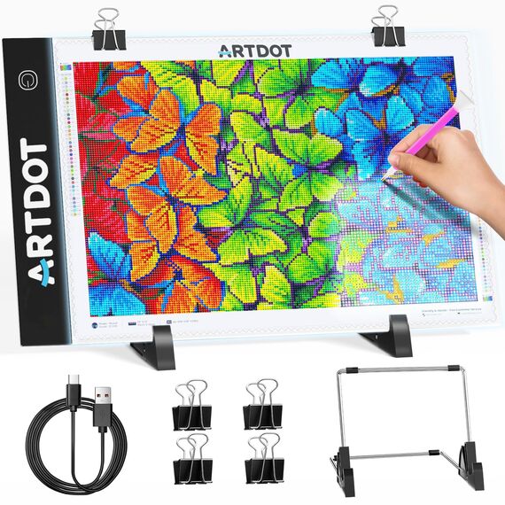 ARTDOT Leuchttisch A4 für 5D Diamond Painting Zubehör, Einstellbare Helligkeit Diamant Painting Lichtplatten mit Ständer