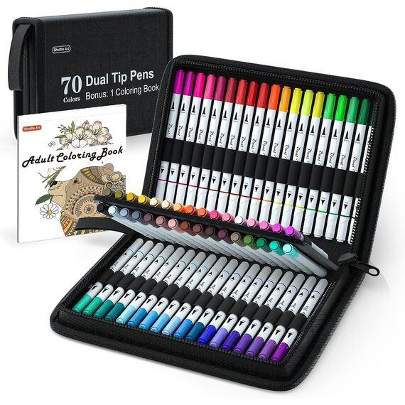 Shuttle Art Dual Brush Pens, 70 bunte doppelköpfige Pinselstifte mit weicher Spitze, zwei Schreibfedern: Fasermaler (1mm) und Fineliner(1-4mm), für Kinder und Erwachsene mit 1 Malbuch zum Schreiben