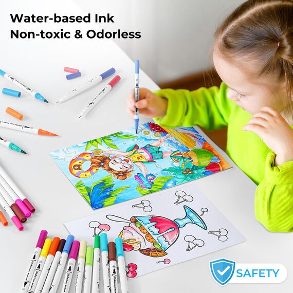 Ohuhu 100 Farben Filzstifte – Dual Brush Pen Set mit Doppelspitze (Pinsel & Fineliner), wasserbasierte Stifte für Erwachsene – Ideal für Bullet Journal, Kalligraphie Mandala, Maui Serie