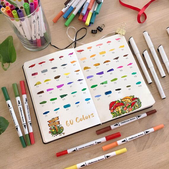 Ohuhu Filzstifte 60 Farben Dual Brush Pen Set - Pinselmarker & Fineliner, Filzstifte für Erwachsene, Wasserbasierte Stifte für Bullet Journal, Kalligraphie, Handlettering & Mandala, Maui Serie