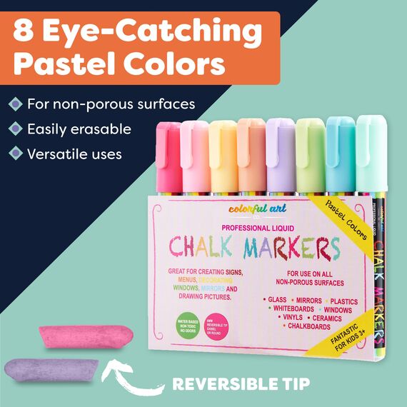 Erstklassige Kreidestifte – Klassische Pastellfarbe, Stifte für Kreidetafel und Fenster – Kindersicher, ungiftig, staubfrei, abwaschbar – Doppelseitige feine Spitze, Kreidestifte für Menüs, Bistro