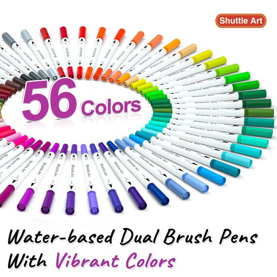 Shuttle Art Dual Brush Pen Set, doppelköpfige Pinselstifte mit weicher Spitze, 56 bunte Aquarellstifte mit zwei Arten von Schreibfedern: Fasermaler (1-2mm) und Fineliner(0,4mm)