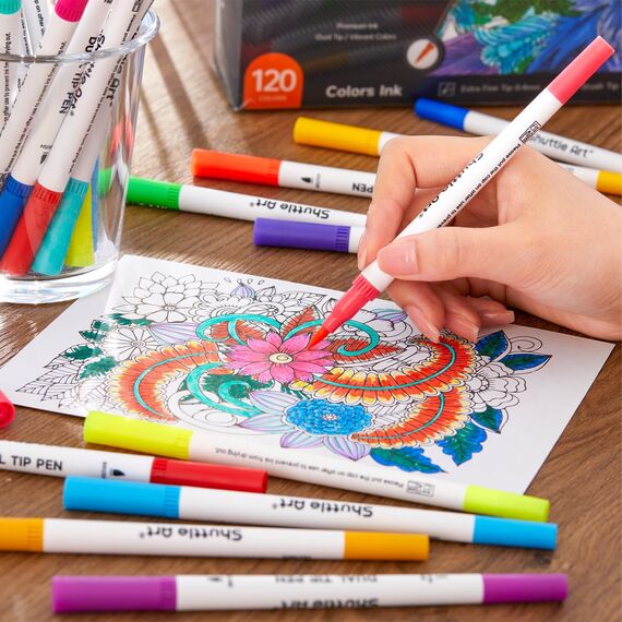 Shuttle Art Dual Brush Pen Set, 120 bunte Filzstifte doppelköpfige Pinselstifte mit weicher Spitze, Aquarellstifte mit zwei Arten von Schreibfedern Fasermaler (1-2mm) & Fineliner(0,4mm), doppelseitig