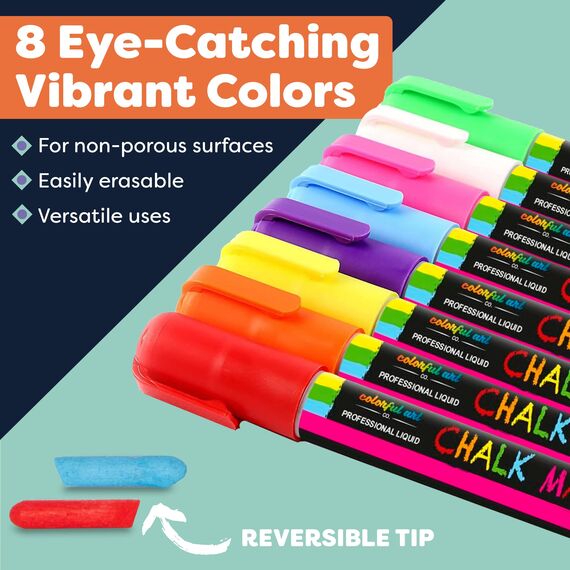 Colorful Art Co. Kreidestifte für Fenster, Tafel, Whiteboard etc. - 8 flüssige Kreidemarker mit Rund- und Keilspitze - Abwaschbar (Neon-Farben)