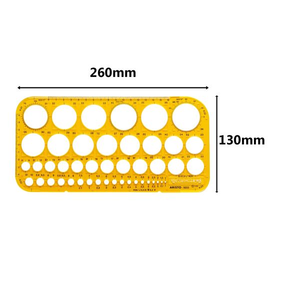 Aristo AH5033 Kreisschablone 1-36mm (45 Kreise, Durchmesser 1 bis 36mm, Tuschenoppen, formstabiler Kunststoff) orange-transparent