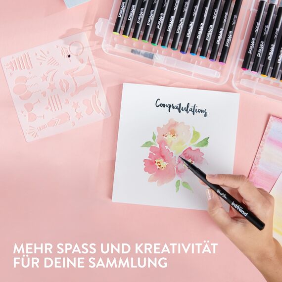 int!rend 24 Aquarellstifte Pinselstifte - Brush Pen Set - 2 Wasserpinselstifte - 20 Blätter Aquarellpapier 5 Schablonen - Aquarellfarben Stifte - Pinselstifte für Erwachsene