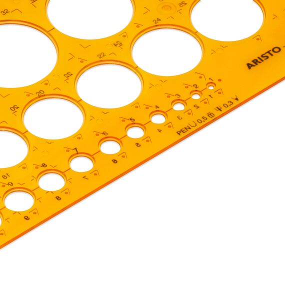 Aristo Kreisschablone AH5031, 1-36 mm (25 Kreise, Durchmesser 1 bis 36 mm, Tuschenoppen, formstabiler Kunststoff) orange-transparent