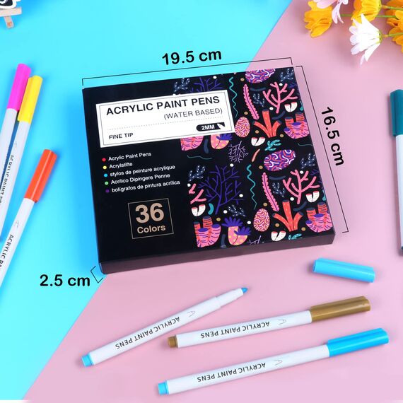 AKARUED 36 Farben Marker Acrylstifte, Acrylfarben Stifte für Holz Glas Papier Leinwand Geschenkekarte DIY Fotoalben Ostereier Deko Kunststoff Stoff Becher, Steine bemalen Set