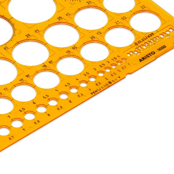 Aristo AH5033 Kreisschablone 1-36mm (45 Kreise, Durchmesser 1 bis 36mm, Tuschenoppen, formstabiler Kunststoff) orange-transparent