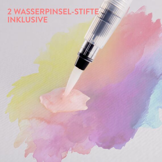 int!rend 24 Aquarellstifte Pinselstifte - Brush Pen Set - 2 Wasserpinselstifte - 20 Blätter Aquarellpapier 5 Schablonen - Aquarellfarben Stifte - Pinselstifte für Erwachsene