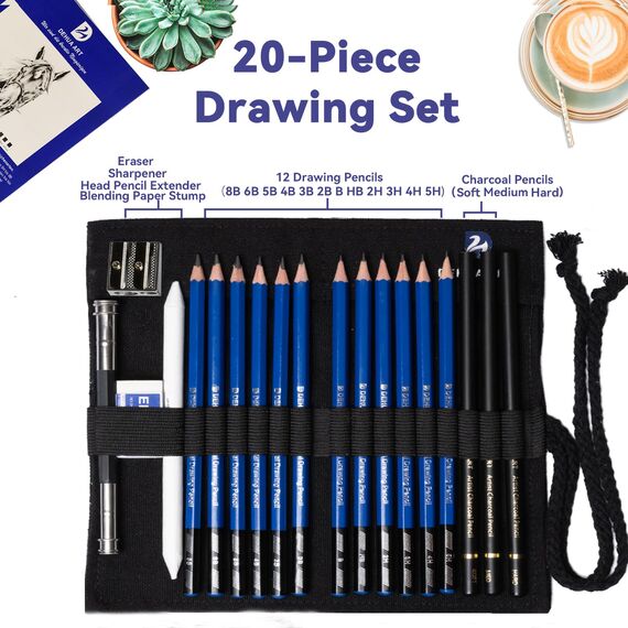 DEHUA ART Zeichenstifte und Skizzen-Set Professionelles 20-teiliges Zeichen mit tragbarer Tasche Skizzierstifte Zeichenkunst Werkzeug-Kit (Blau)