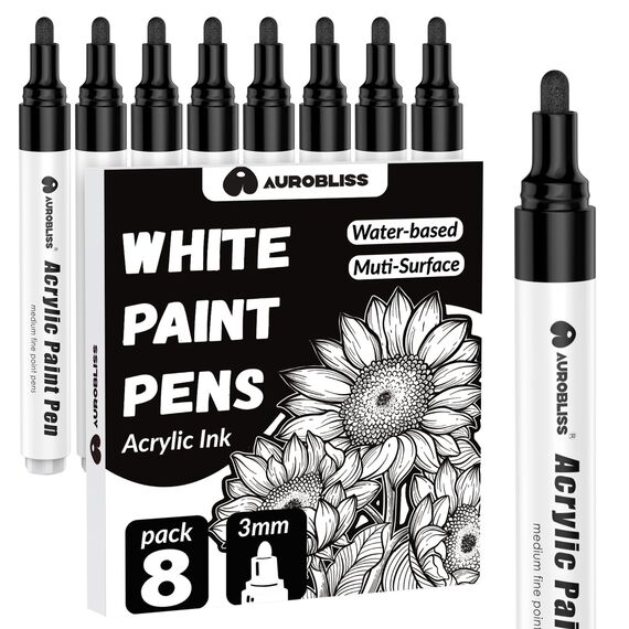 Aurobliss Acrylstifte Schwarz 8 Stück, Wasserfester Stift für Holz, Leinwand, Steine, Plastik, Kleidung, Stoff Permanent Marker Schwarz Dicke 2-3mm