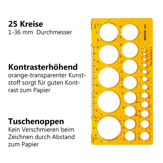 Aristo Kreisschablone AH5031, 1-36 mm (25 Kreise, Durchmesser 1 bis 36 mm, Tuschenoppen, formstabiler Kunststoff) orange-transparent
