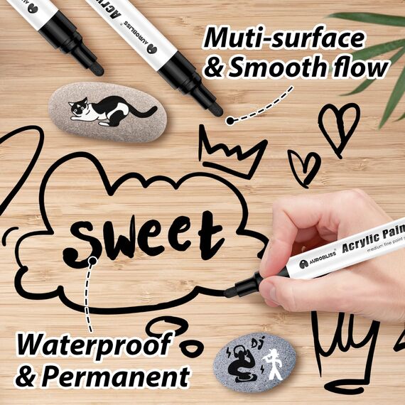 Aurobliss Acrylstifte Schwarz 8 Stück, Wasserfester Stift für Holz, Leinwand, Steine, Plastik, Kleidung, Stoff Permanent Marker Schwarz Dicke 2-3mm