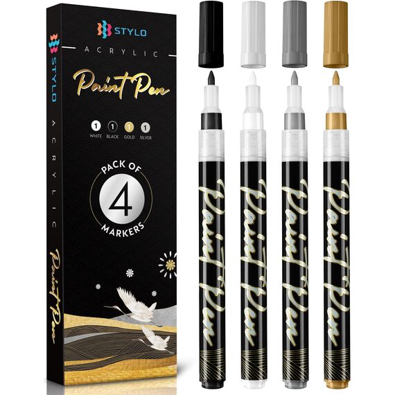 Stylo 4 Stück Metallic Marker Stifte Set – Weiß, Schwarz, Gold und Silber, permanente Acrylmarker, Stift für Glas, Keramik, Steinmalerei, Kunsthandwerk für Erwachsene