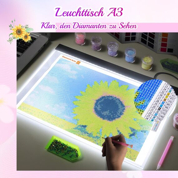 Guiseapue Leuchttisch A3 für Diamond Painting Zubehör: Einstellbare Helligkeit Diamant Painting Erwachsene, Kinder Leuchtkasten Copy Board, Light Pad für Skizzieren Animation Malen Zeichnen Designen