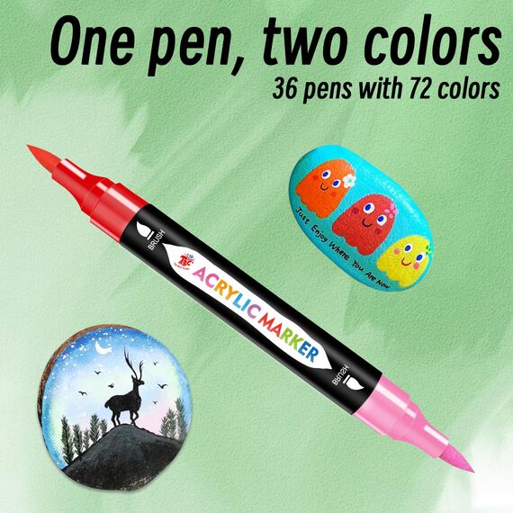 TBC The Best Crafts Acrylstifte 72 Farben, 36 Stück Doppelspitze Acrylstifte für Steine Wasserfest, Steine Bemalen Stifte, Acrylic Paint Marker, Glasmalstifte für Leinwand, Holz, Allerheiligen