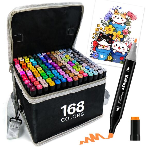 Kebuye Alkohol Marker Stifte Set - 168 Farben Marker Filzstifte Twin Tip Alkoholmarker mit Tragetasche für Künstler, Kinder, Erwachsene, Malen, Skizzieren, Manga, Design