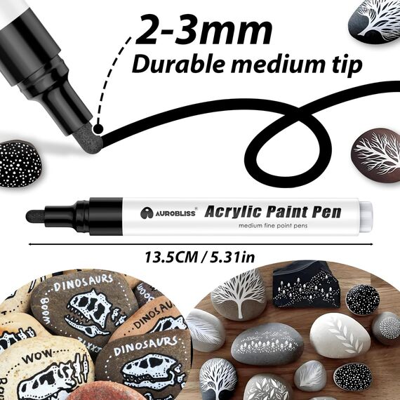 Aurobliss Acrylstifte Schwarz 8 Stück, Wasserfester Stift für Holz, Leinwand, Steine, Plastik, Kleidung, Stoff Permanent Marker Schwarz Dicke 2-3mm