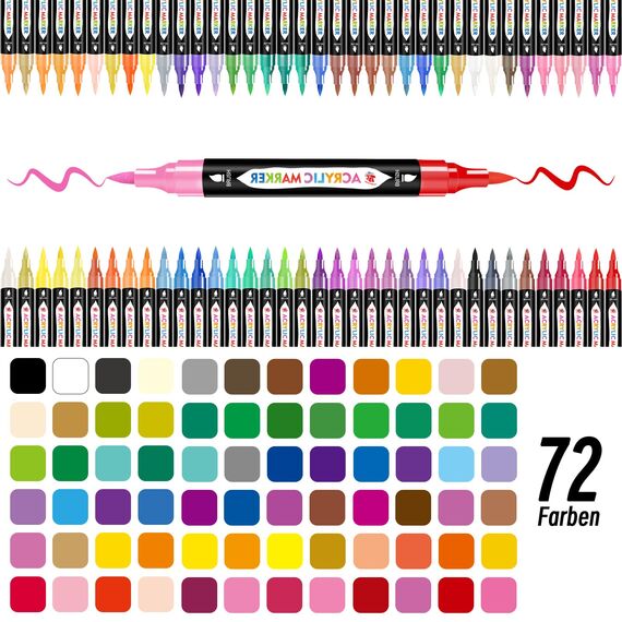 TBC The Best Crafts Acrylstifte 72 Farben, 36 Stück Doppelspitze Acrylstifte für Steine Wasserfest, Steine Bemalen Stifte, Acrylic Paint Marker, Glasmalstifte für Leinwand, Holz, Allerheiligen