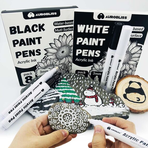 Aurobliss Acrylstifte Schwarz 8 Stück, Wasserfester Stift für Holz, Leinwand, Steine, Plastik, Kleidung, Stoff Permanent Marker Schwarz Dicke 2-3mm