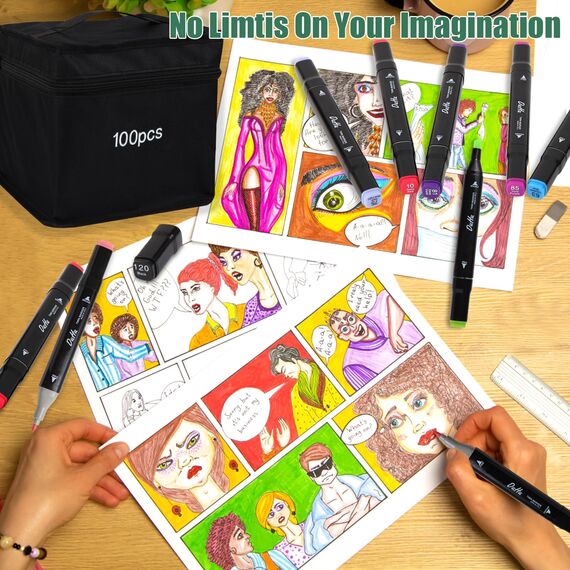 Kebuye Alkohol Marker Set, Alcohol Twin Marker 100 Farben, Meißel & Feine Verdoppelt Spitzt Alkohol Permanenter Marker Stifte für Manga, Design, Malerei, Zeichnung