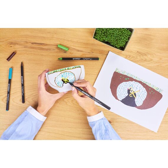 Porzellanstift braun e 4200-1 Stift - Pinselspitze 1-4 mm - Filzstift zum Beschriften u. Dekorieren von Keramik, Porzellan - spülmaschinenfest, lichtechte Tinte, schnell trocknend - edding