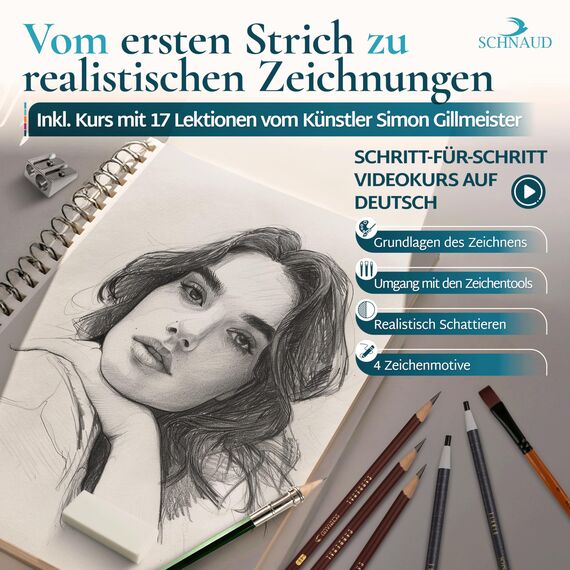 SCHNAUD Zeichenset professionell mit Online-Kurs – Bleistift Zeichenset & Zeichenzubehör zum Zeichnen lernen